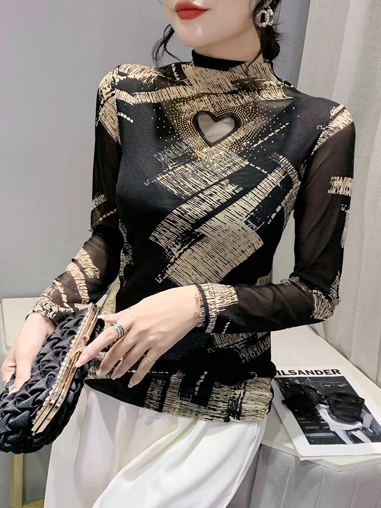 Damska bluzka z półgolfem, długa, z wycięciami, zdobiona diamentami, seksowna, obcisła bielizna, modna.