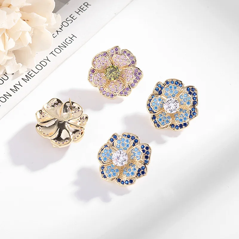 2024 Summer New Earrings with Micro Set Blue Zircon Silver Needle Earrings and Multi layered 3D Flower Earrings