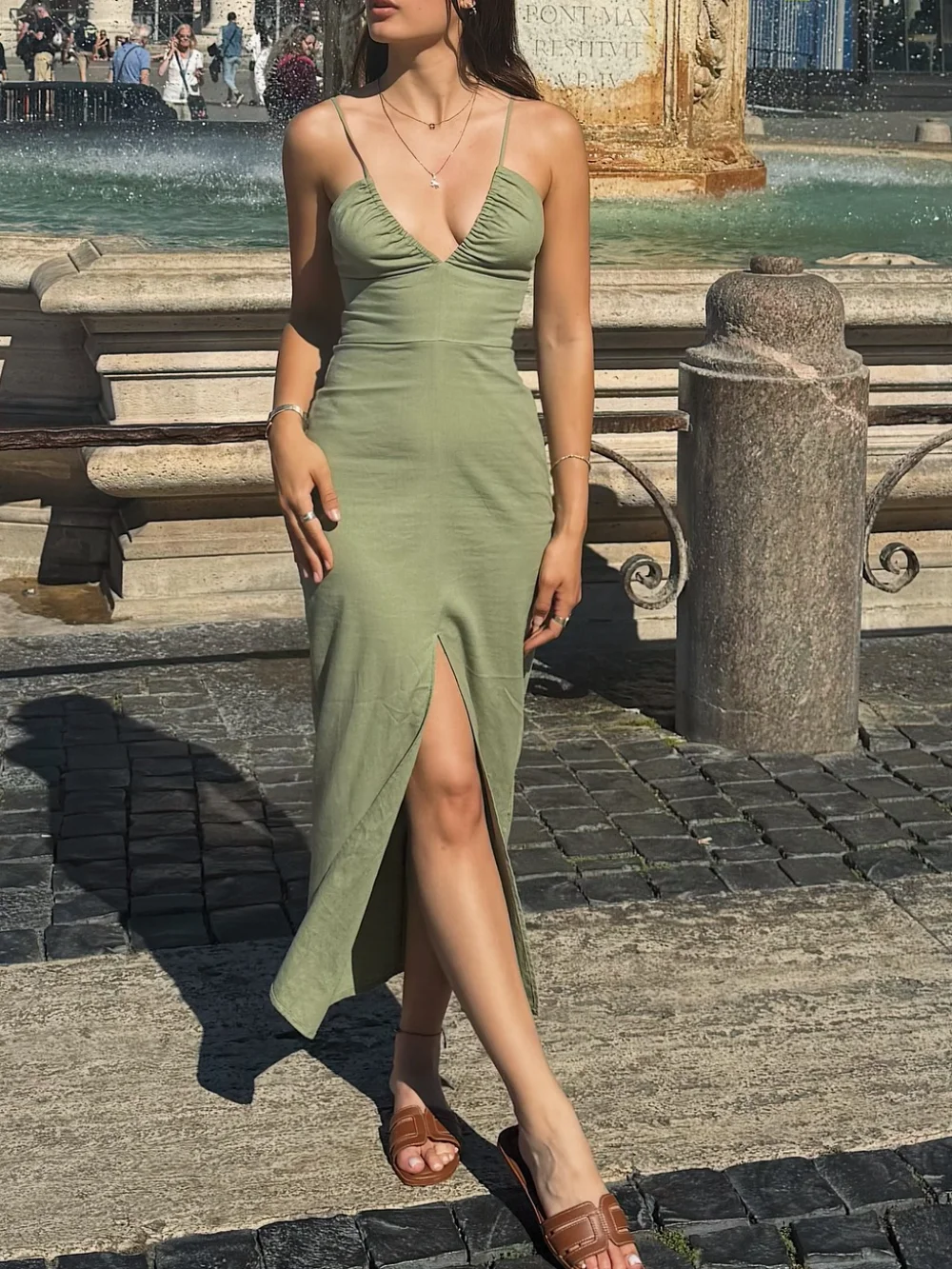 

Sexy Chic Linen Women's Suspender Dress Solid Color V-Neck Slit Backless Lace-up Midi Dress Fashion Summer Vacation Beach Dress