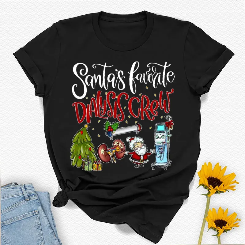 Santa's Favorite Dialysis Crew Shirts Dialysis Nurse Shirt Christmas Aesthetic Clothes Women Clothing Graphic T Shirts Y2k Top