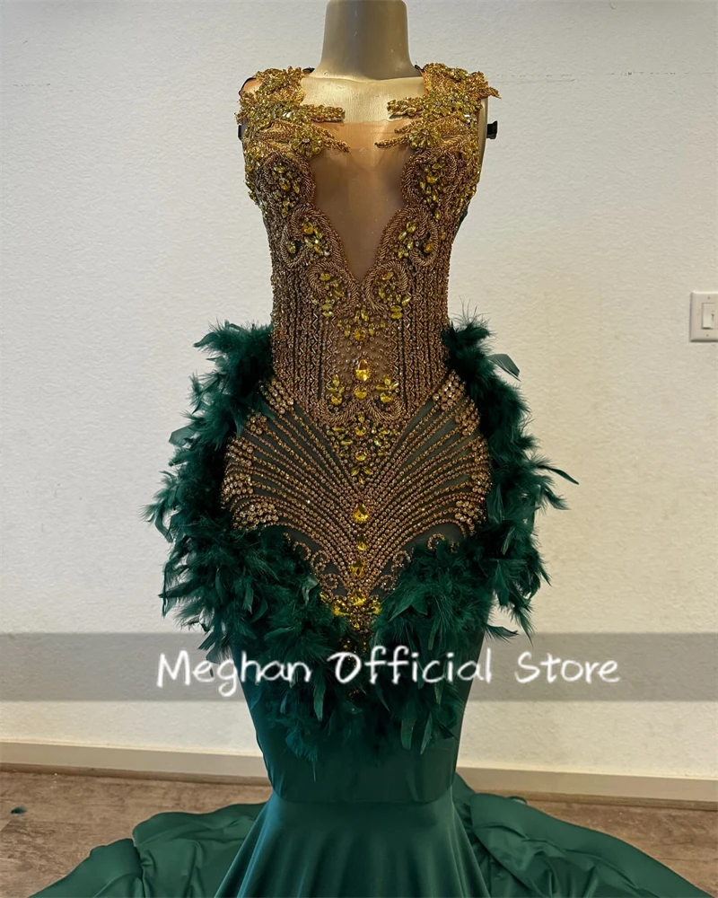 Emerald Green O Neck Long Prom Dresses For Black Girls Bead Crystal 2024 Birthday Luxury Dress Feather Graduation Gown