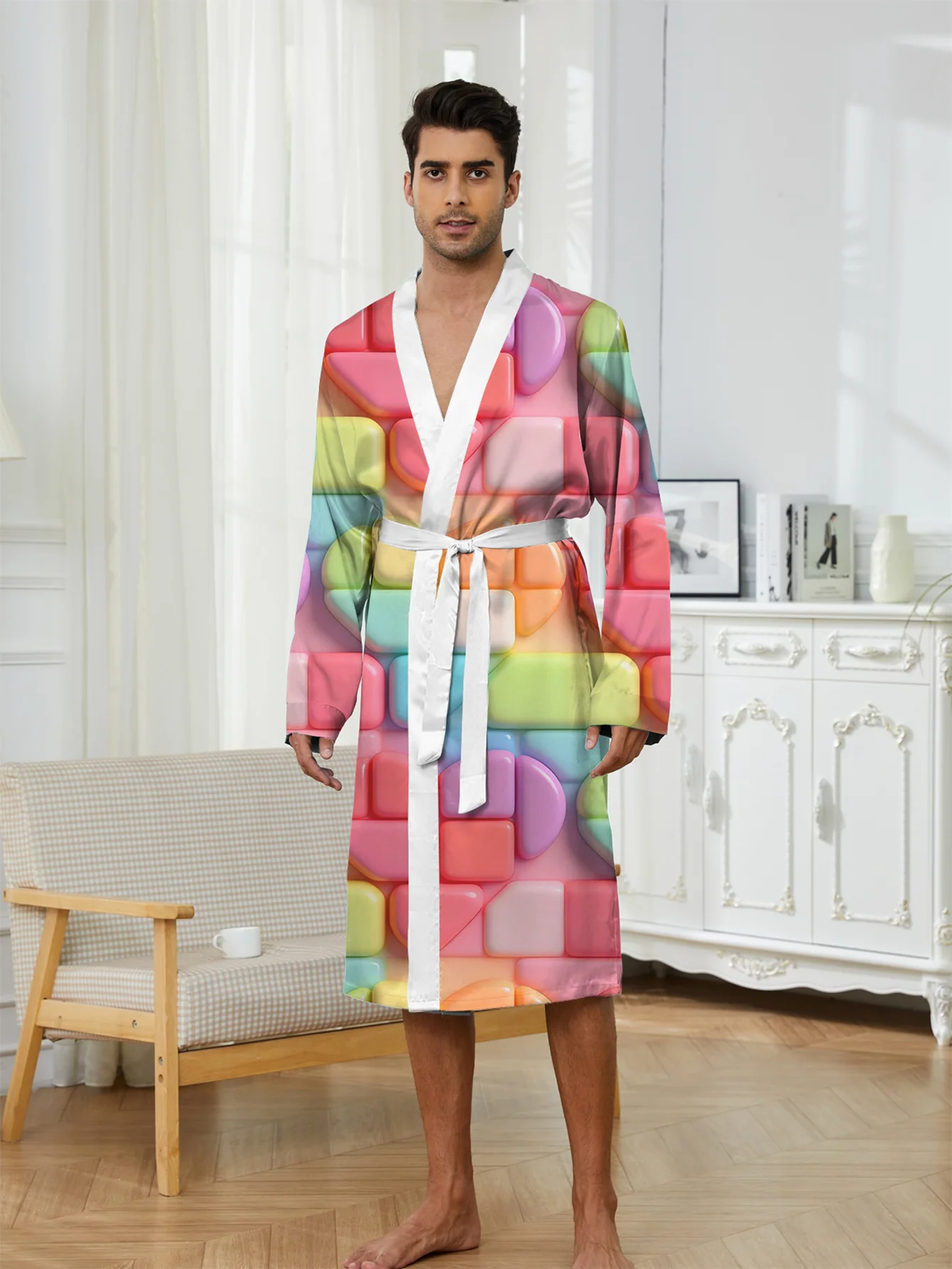 Spring and Autumn New Men's Bathrobe 3D Digital Printed Home Clothing Quick drying Non fading Skin friendly Lightweight Design