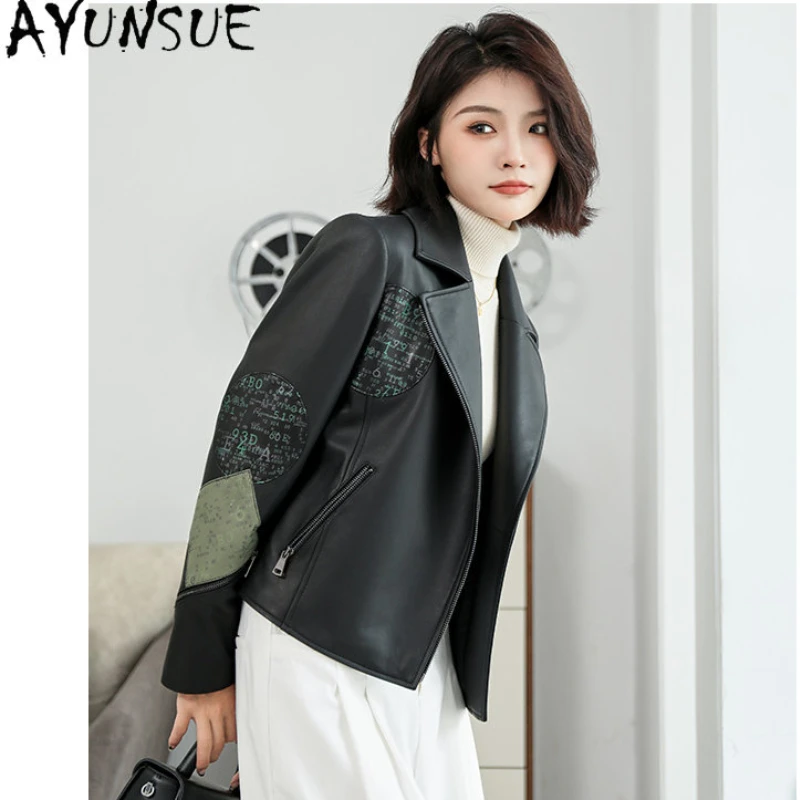 

AYUNSUE Genuine Sheepskin Jacket Women Spring Autumn Real Leather Jackets Short Printed Leather Biker Coat Outwear Veste Femme