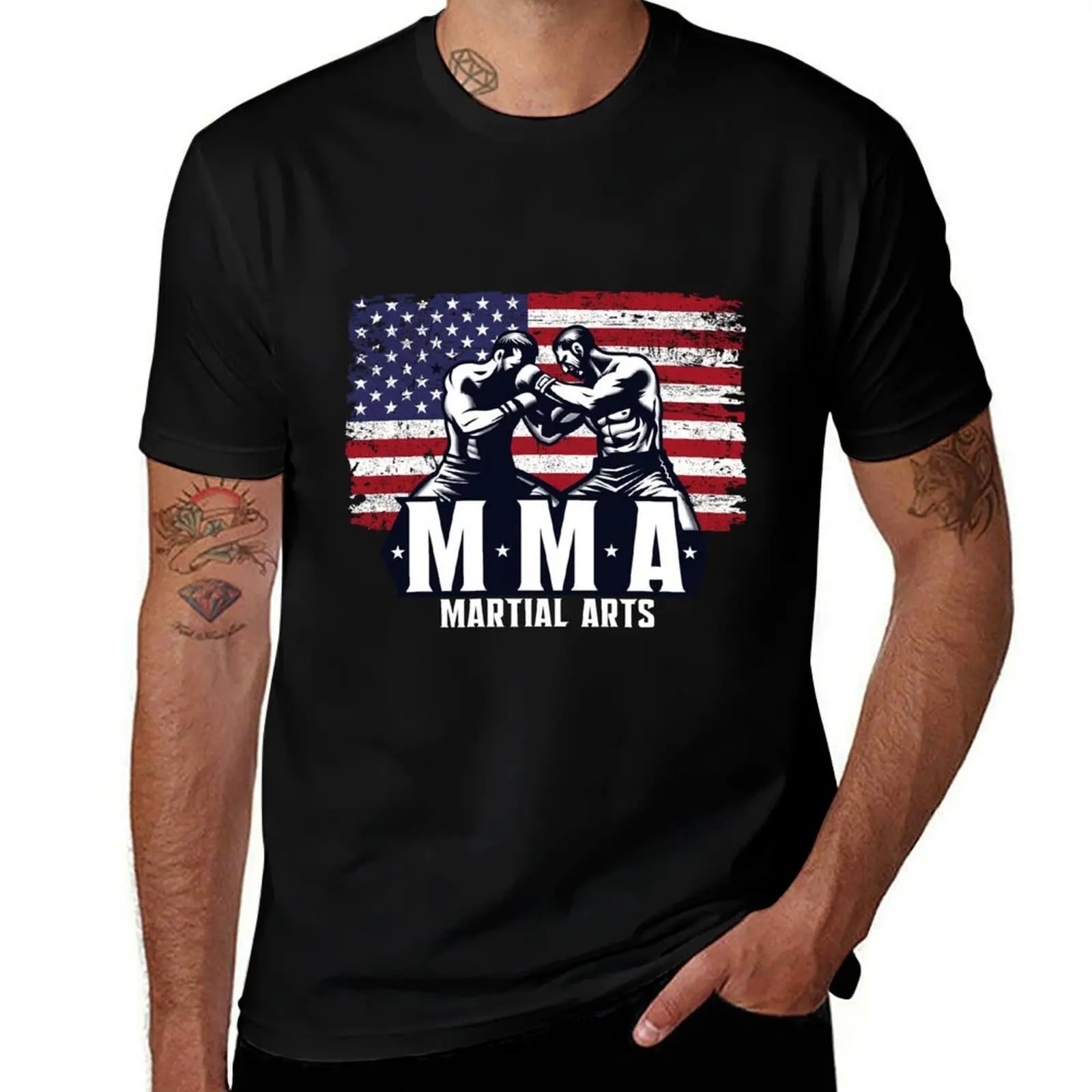 Patriotic MMA Fighters Tee: American Flag & Martial Arts Pride T-Shirt Casual Loose Daily Wear T-Shirt