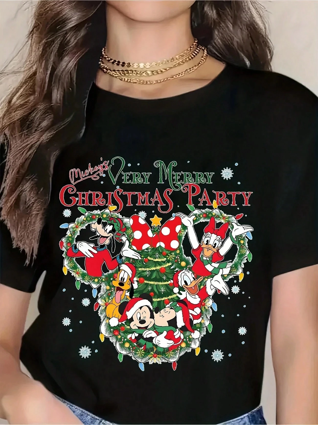تي شيرت ديزني ديزني ميكي ماوس حفلة عيد الميلاد المجيد جدًا للنساء مع تصميم عطلة احتفالية تي شيرت كبير الحجم #1