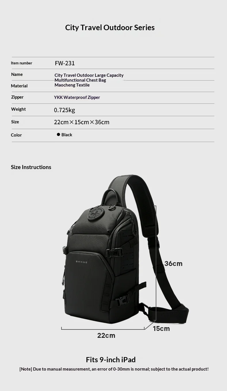Bange Outdoor Cycling Chest Bag Multi-functional Wear-resistant Large Capacity Crossbody Bag Urban Hiking Bag