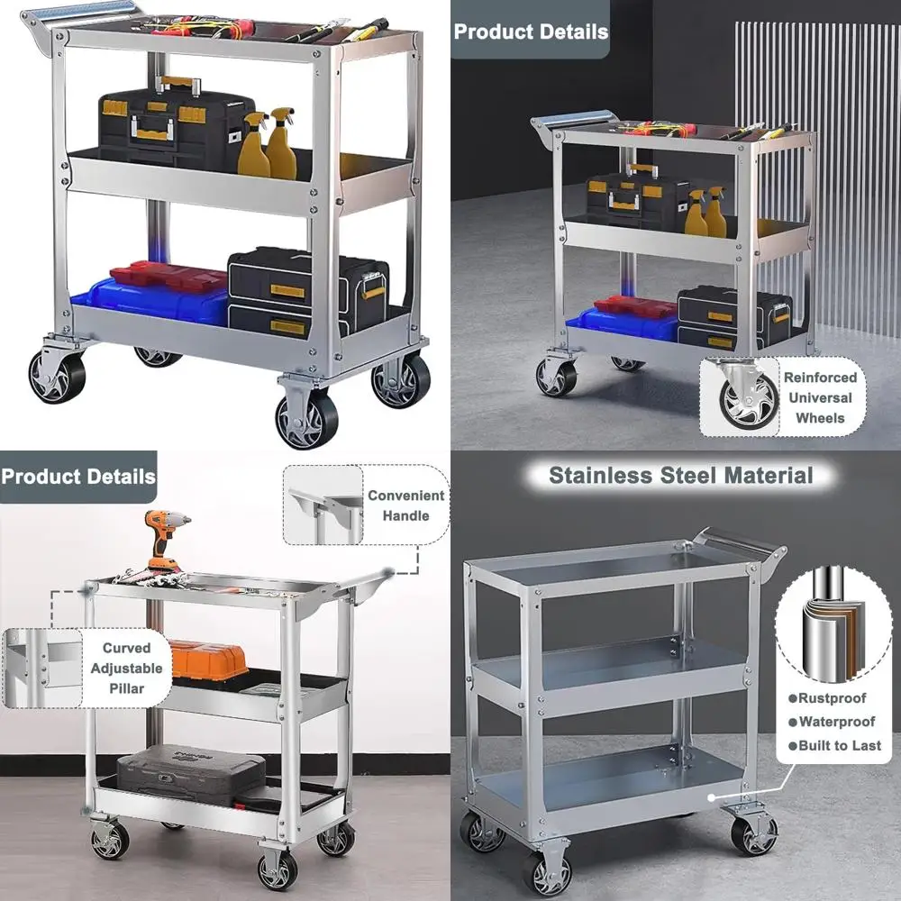 Robuuste roestvrijstalen gereedschapswagen met 3 niveaus, capaciteit van 1100 lbs en wielen voor mechanische werkplaatsen