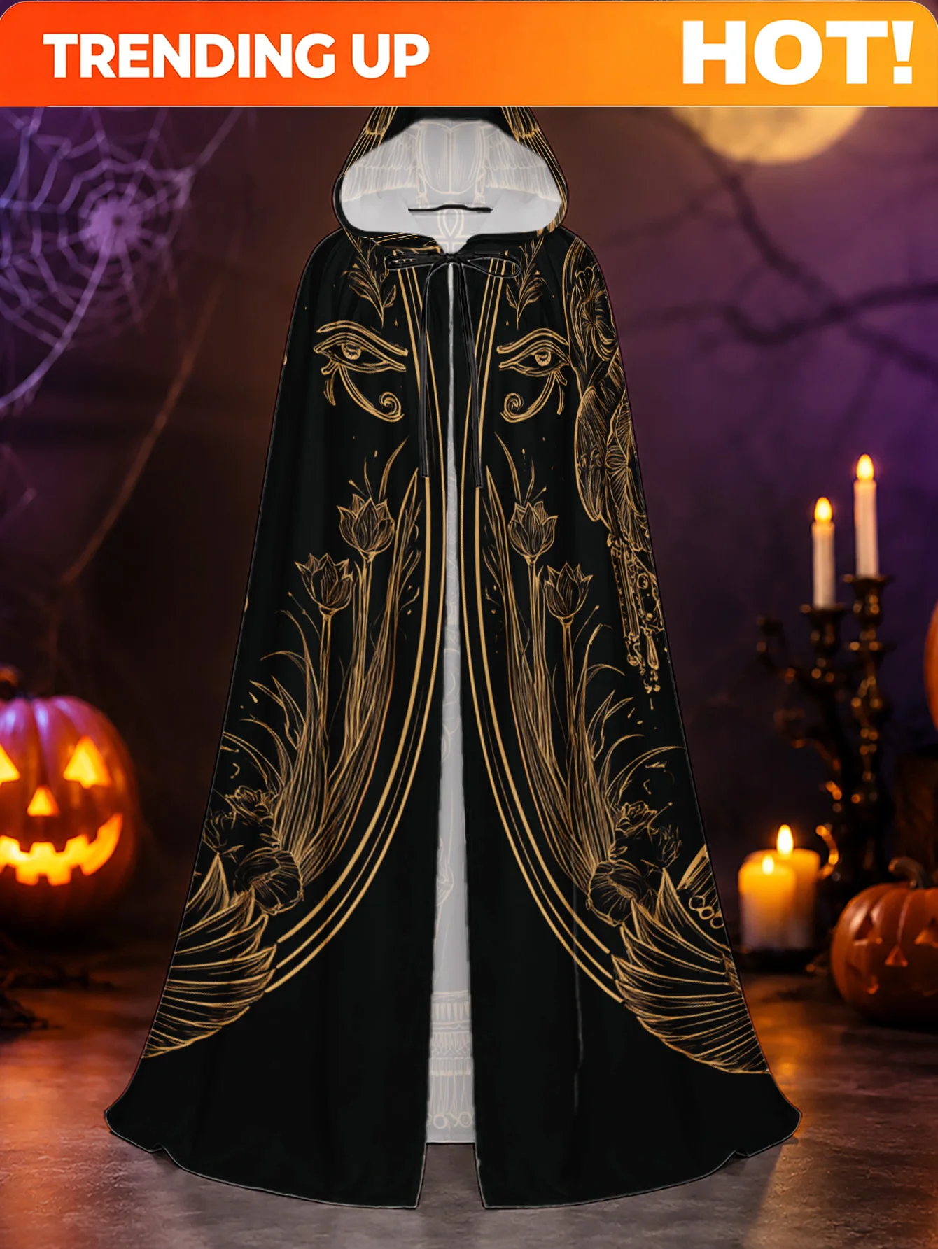 Customization 1pc Men' Egyptian Queen Hooded Robe With Golden Pharaoh Print - Loose Fit Cape Costume Suitable For Halloween