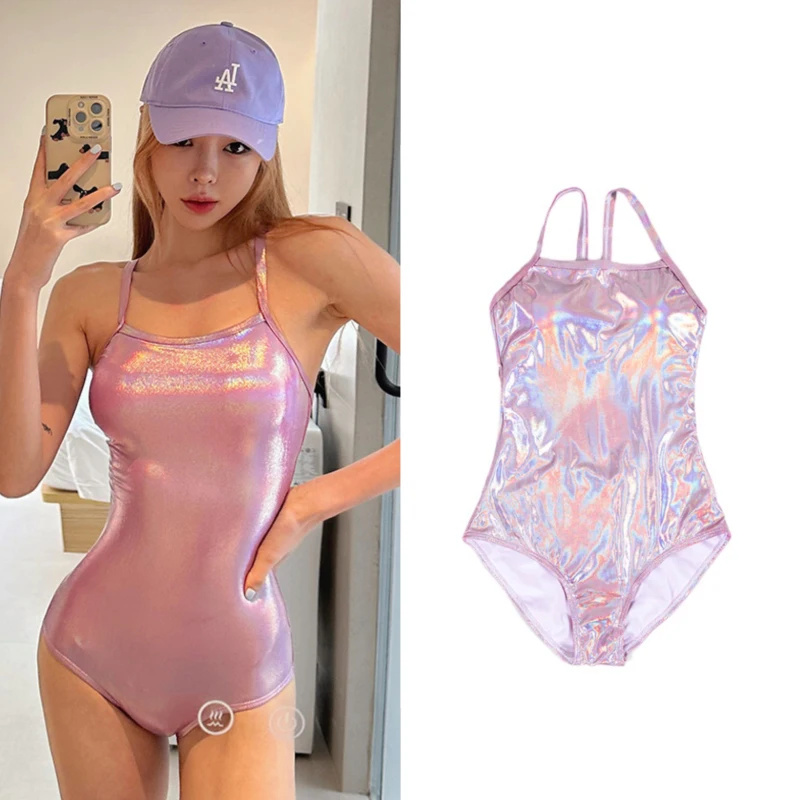 Women Pink and gold One Piece Swimsuit Open Back Swimwear Strips Bandage Monokini Backless Trikini Push Up Padded Bathing Suit