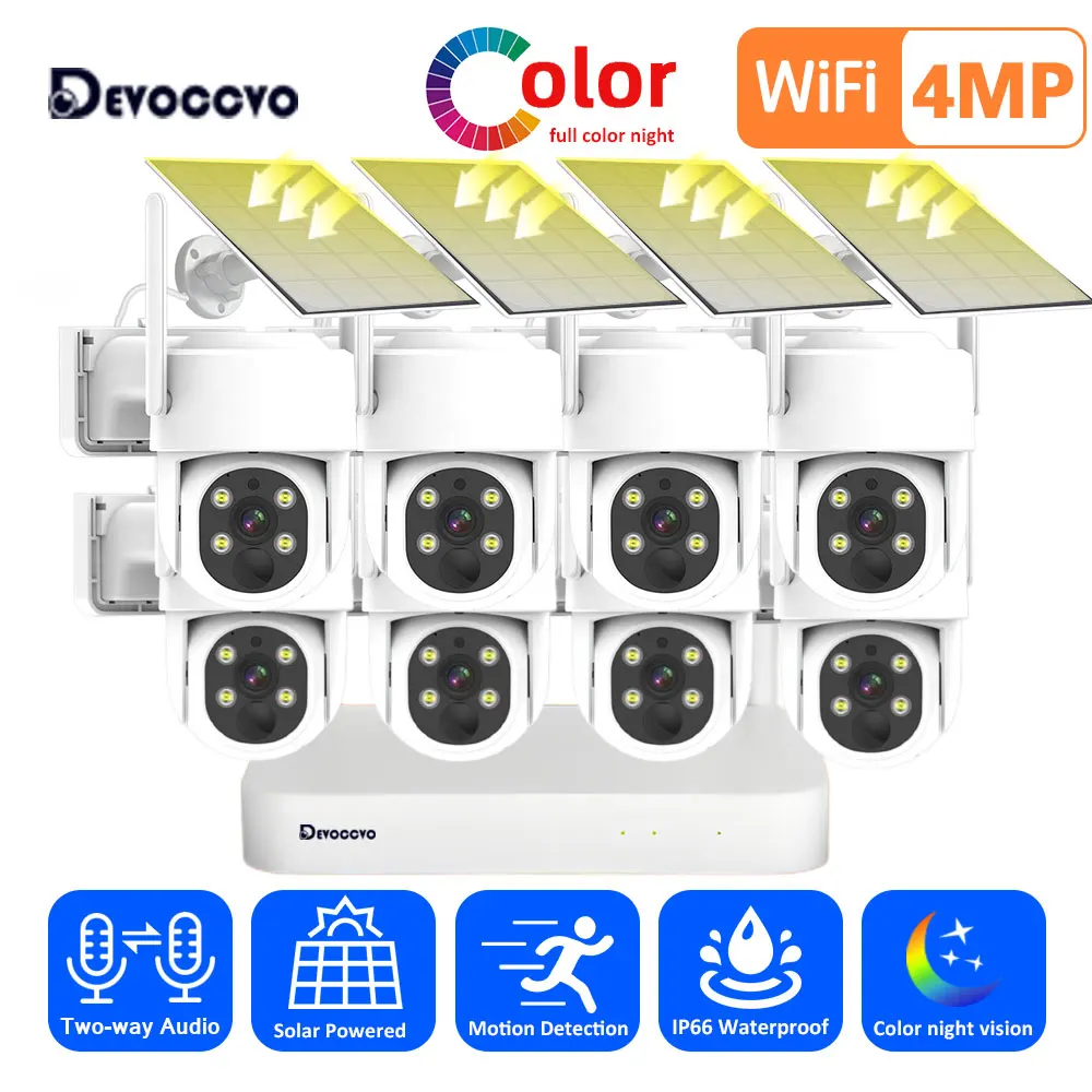 4MP Lower Consumption Solar Wifi Color night vision Outdoor Security PTZ Camera System 2 way audio 8CH 5MP Wireless NVR Kit 4CH