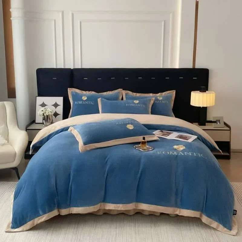 2024 full-extinction milk velvet double-spell embroidery four-piece set silk velvet wide-edge quilt cover high-end light luxury