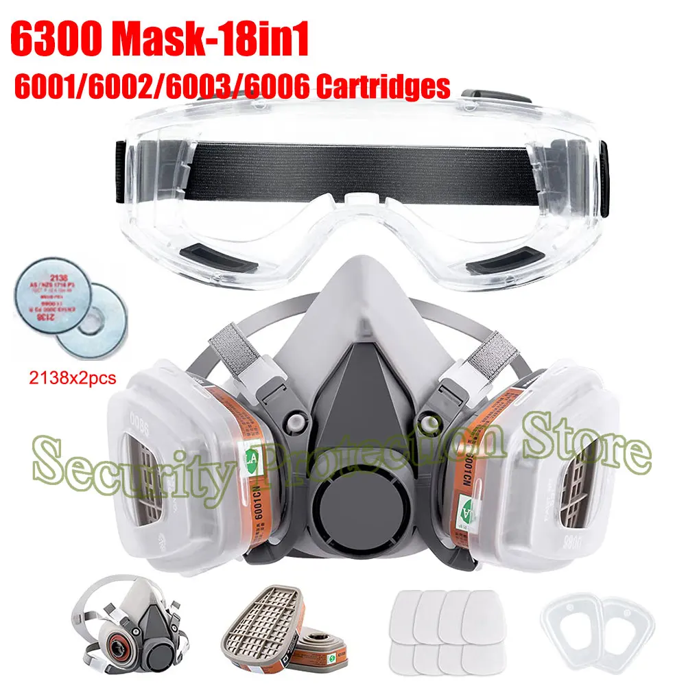 

6300 Half Facepiece Reusable Respirator with 6001/6002/6003/6006 Filter Safety Glasses For Acid Gas/Organic/Chlorine/Ammonia