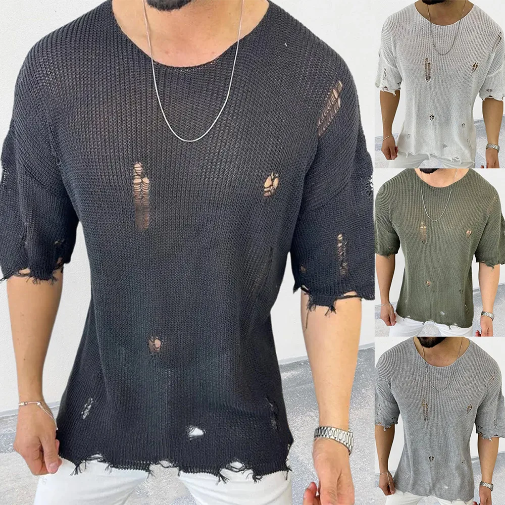 

Summer Luxury Fashion New Knitted Shirt Men's Round Neck Short Sleeve Hollow Set Sweater European and American Men's Top Coat