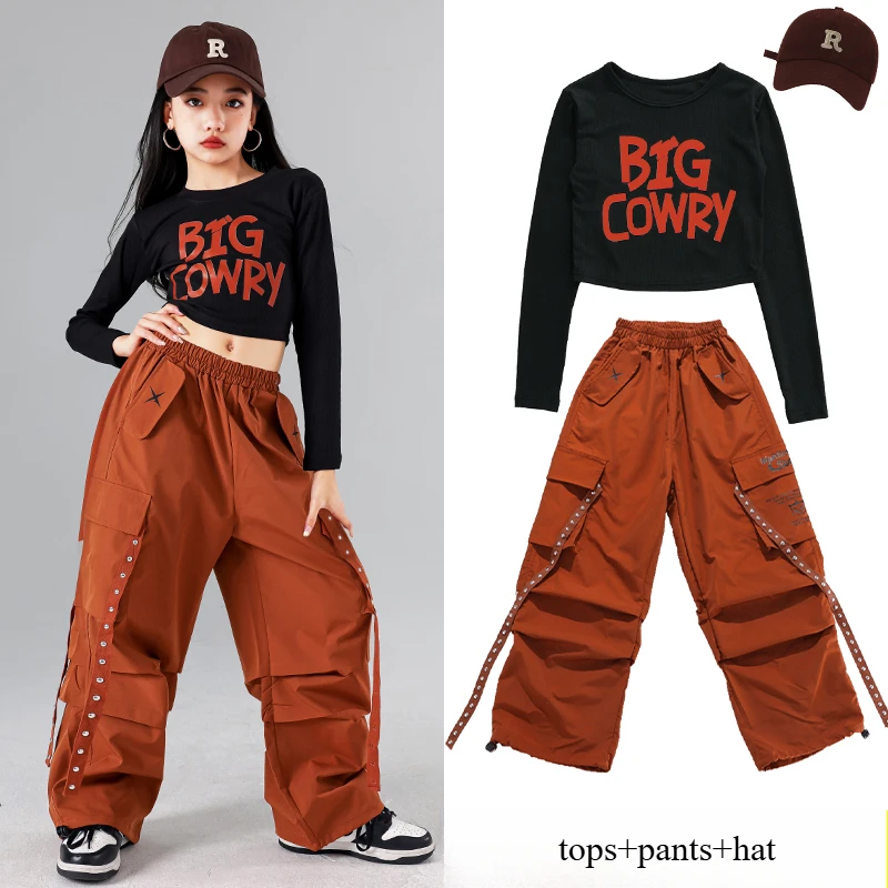 بدلة رقص الجاز للأطفال ملابس علوية سوداء لون الكرمل سراويل طويلة ملابس ممارسة الهيب هوب موضة المرأة مجموعة الرقص المشجع