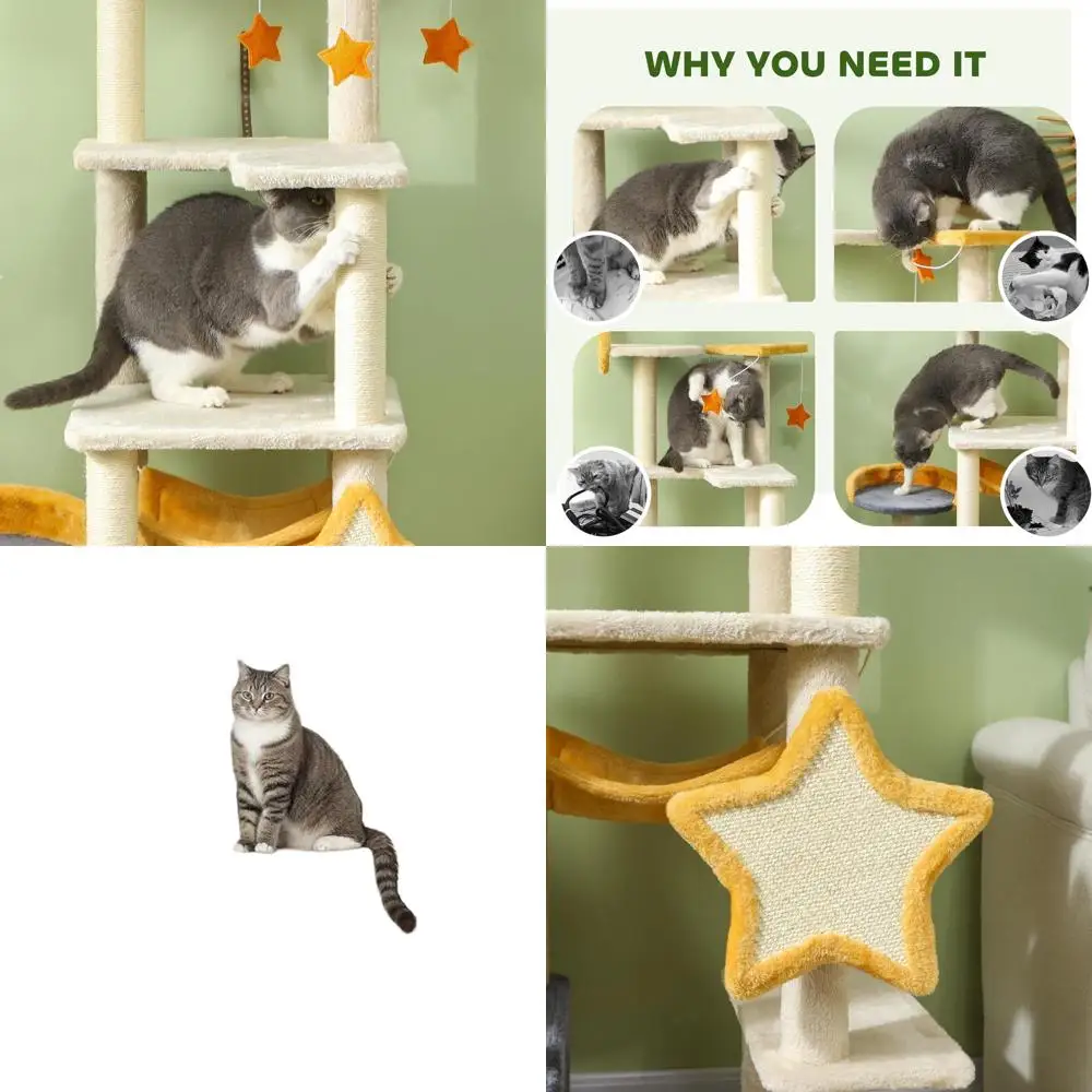 

63 Large Cat Tree with Scratching Post, Hammock, Condo, Bed, and Toys for Indoor Cats, Moon & Star Theme, Beige