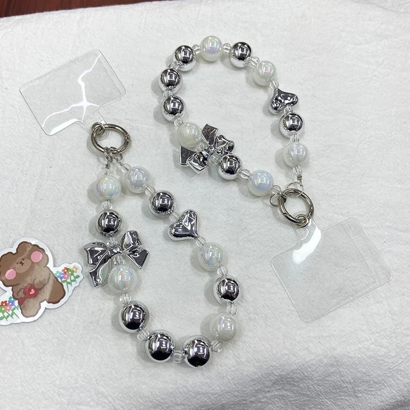 

Y2K Silver Bow Beaded Phone Case Lanyard Stylish Bead Phone Chain Wrist Band Anti Lost Phone Strap Earphone Pendant Keychain