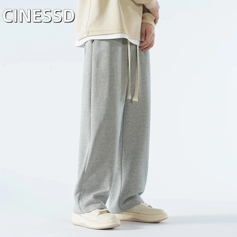 

Men's Pants Wide Leg Cotton Fabric Straight Loose Outdoor Solid Color Versatile Sweatpants High-quality Soft Long Baggy Trousers