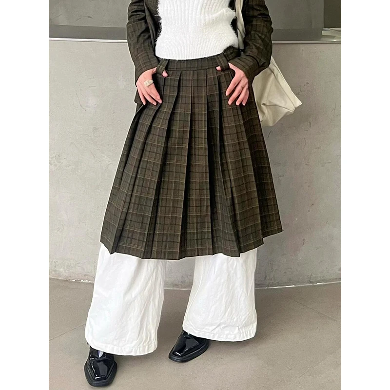 PBAP Green Checkered Women Midi Long Pleated Skirt Casual High Rise Draped Loose Thick A-line Plaid Skirt Harajuku Retro Clothes