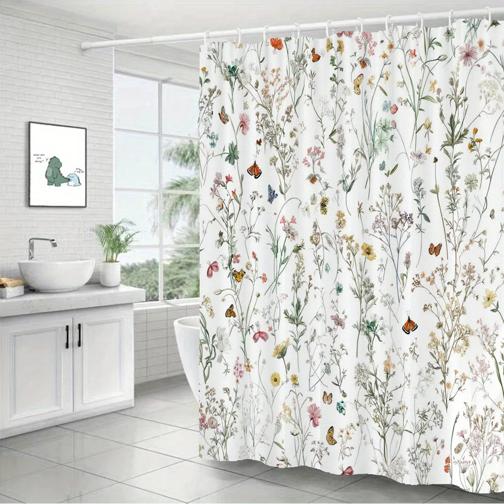 Watercolor Floral Shower Curtain – Wildflowers, Grasses & Butterflies, Seamless Botanical Print, 12 Hooks, 70.8×70.8 in,