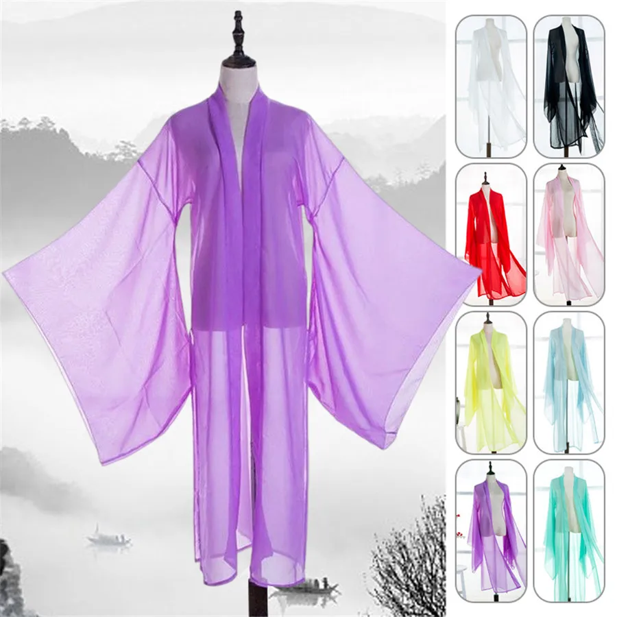 Hanfu เสื้อคาร์ดิแกนแขนจีนโบราณราชวงศ์ถังผ้าชีฟองบางคลาสสิกชุดเต้นรำคอสเพลย์เครื่องแต่งกายบนเวที