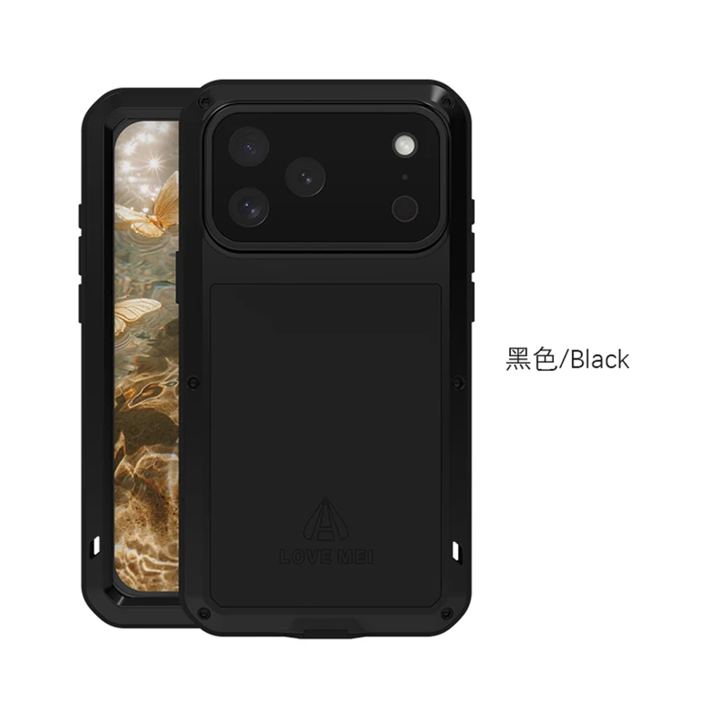 Original love mei poderosa armadura de metal choque à prova de sujeira capa resistente à água para iphone 17 16 15 14 13 12 11 pro max plus caso