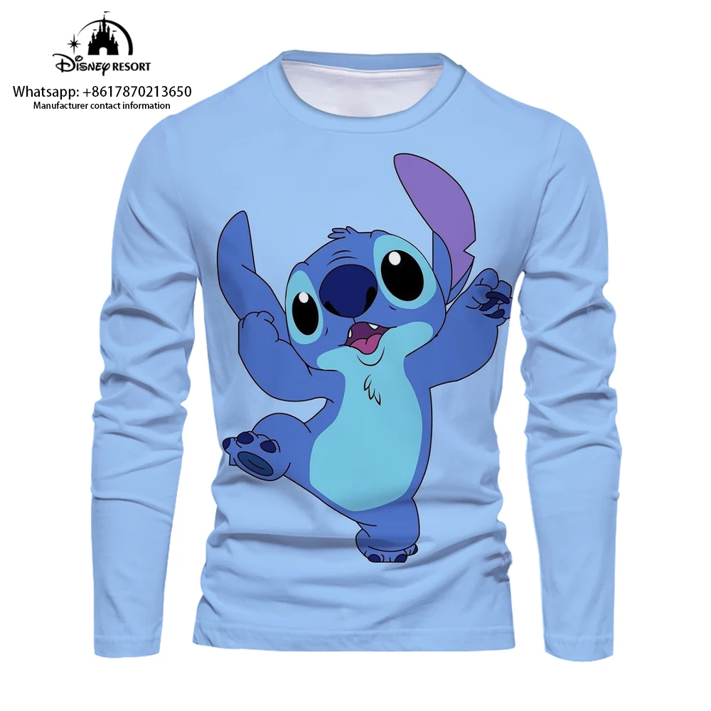 Cartoon 3D comfortable men's long-sleeved T-shirt 2024 new fashion casual men's bottoming shirt cute Stitch T-shirt