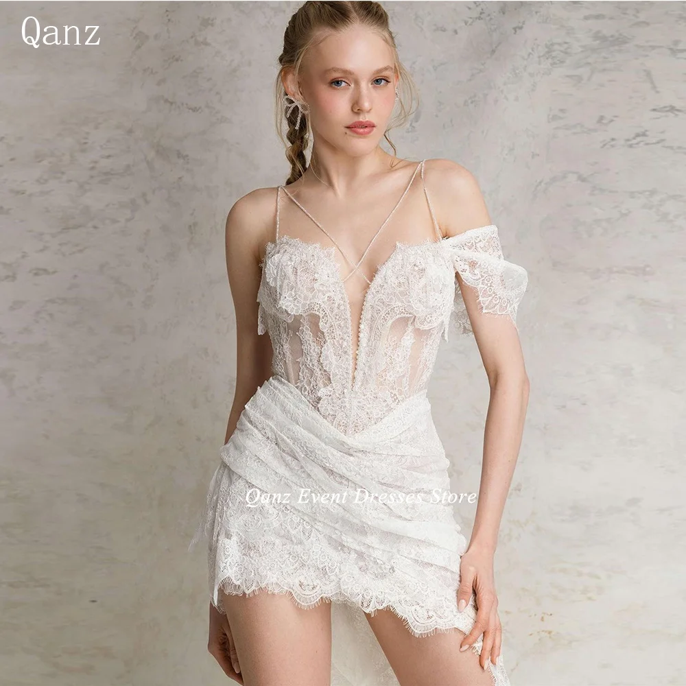 

Qanz Short Tulle Wedding Dresses Mini Pearls Lace Appliques Bride Dress Vestido Branco Wedding Gowns Robe De Mariée Customized