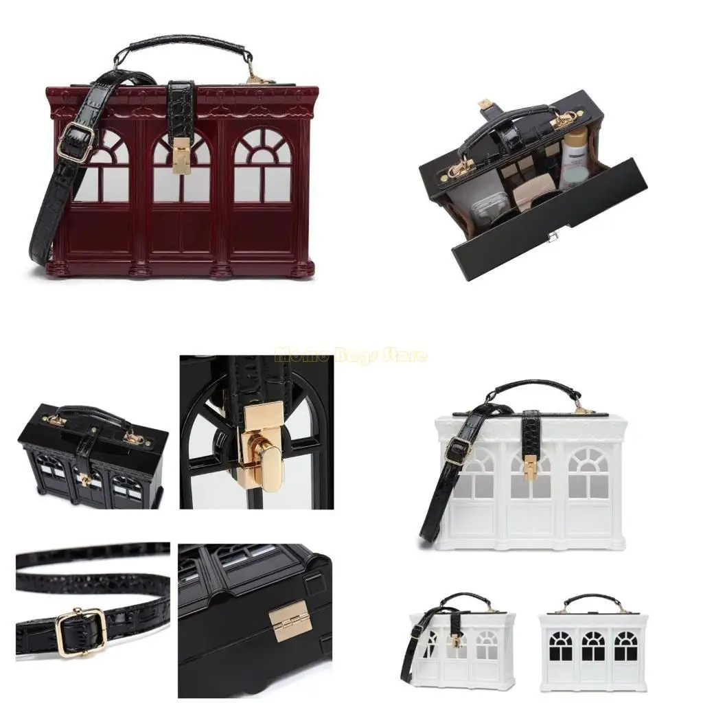 

X90D Women Vintage Acrylic House Shaped Clutch Box Shoulder Bag Evening Crossbody Bag