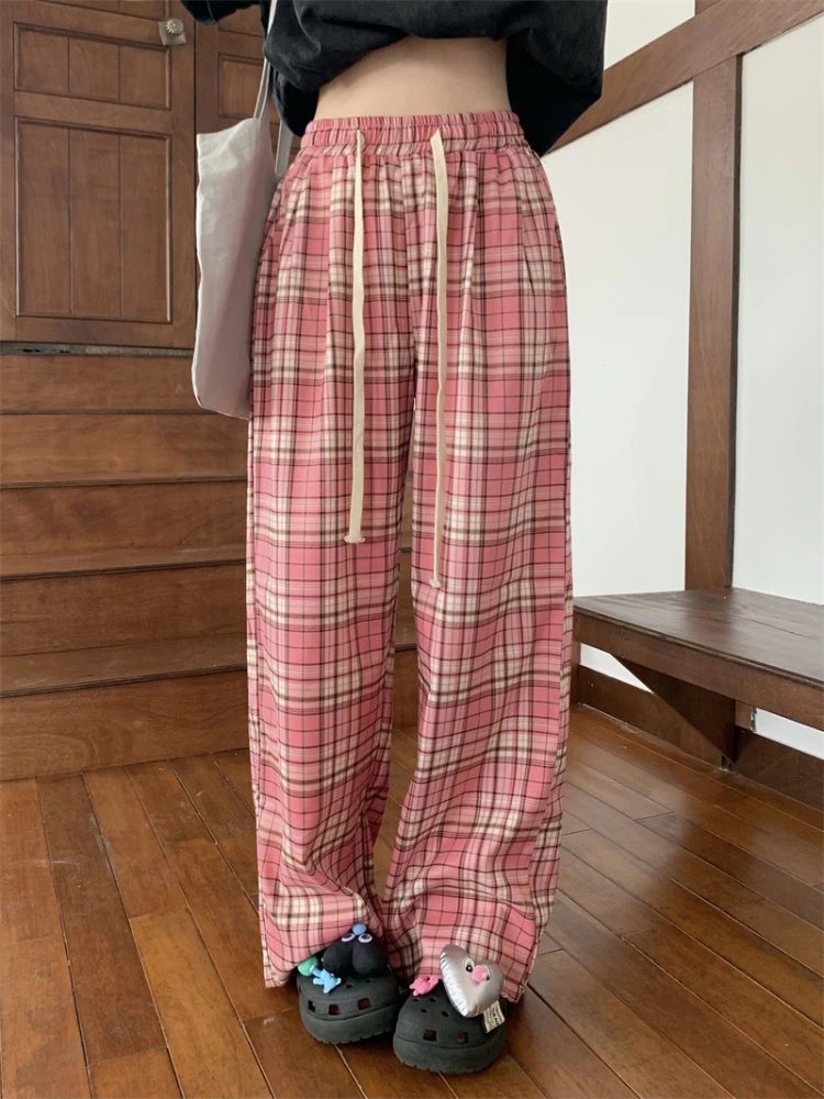 Summer Pink Plaid Wide Legged Pants Women 2024 Korean High Waist Elastic Drawstring Loose Slimming Casual Floor Slam Trouser