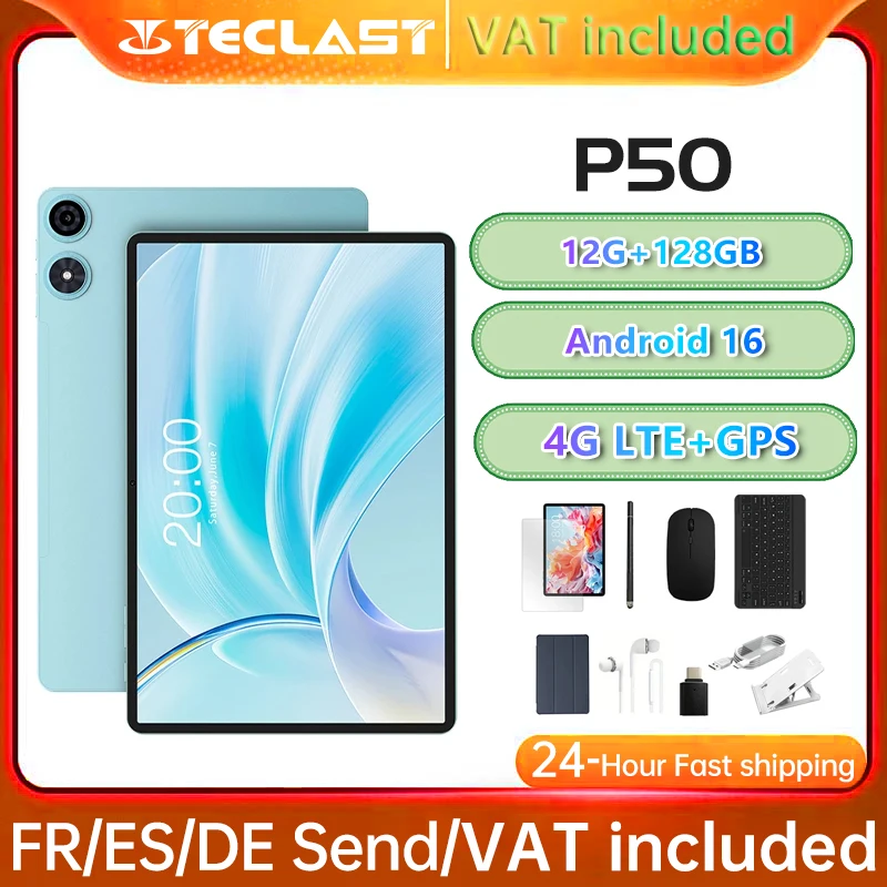 Tablet P50, 12 GB de RAM (4 GB + 8 GB), 128 GB de ROM, T606 de 8 núcleos, 11 pulgadas HD IPS, Android 16, 4G LTE, WiFi de doble banda, BT 5.0, 7000 mAh, Tipo-C, 13 MP + 5 MP, 2026, Teclast TLA016