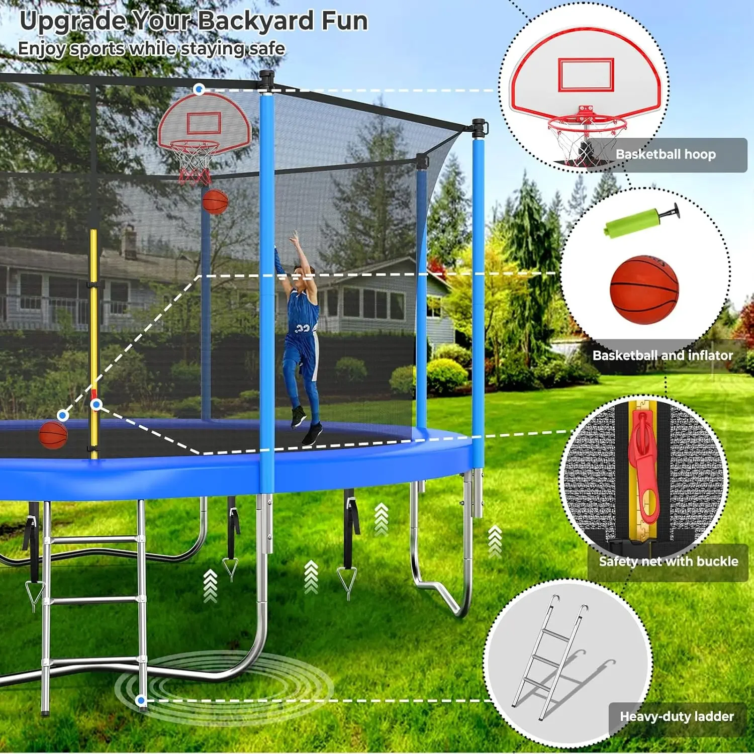 10/12/14/15/16FT Trampoline Outdoor, Large Kids Trampoline with Light, Stakes, Sprinkler, Backyard Trampoline with Bask