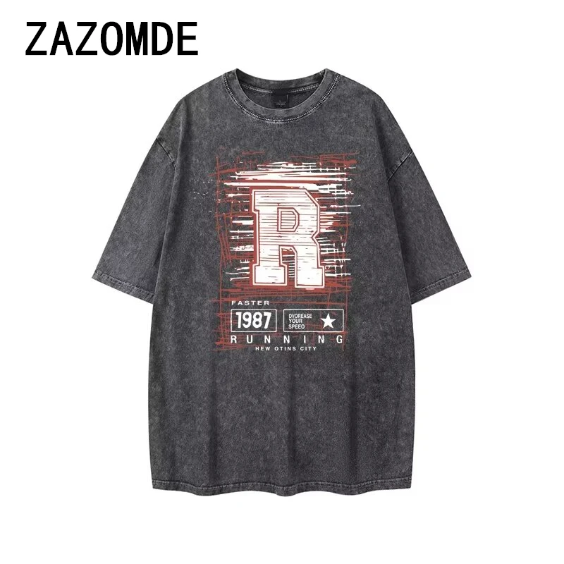 

ZAZOMDE Letter Graphic Print Streetwear Tshirt Y2k Man Short Sleeve Oversized Casual Tees Soft Vintage Washed Old Cotton Top