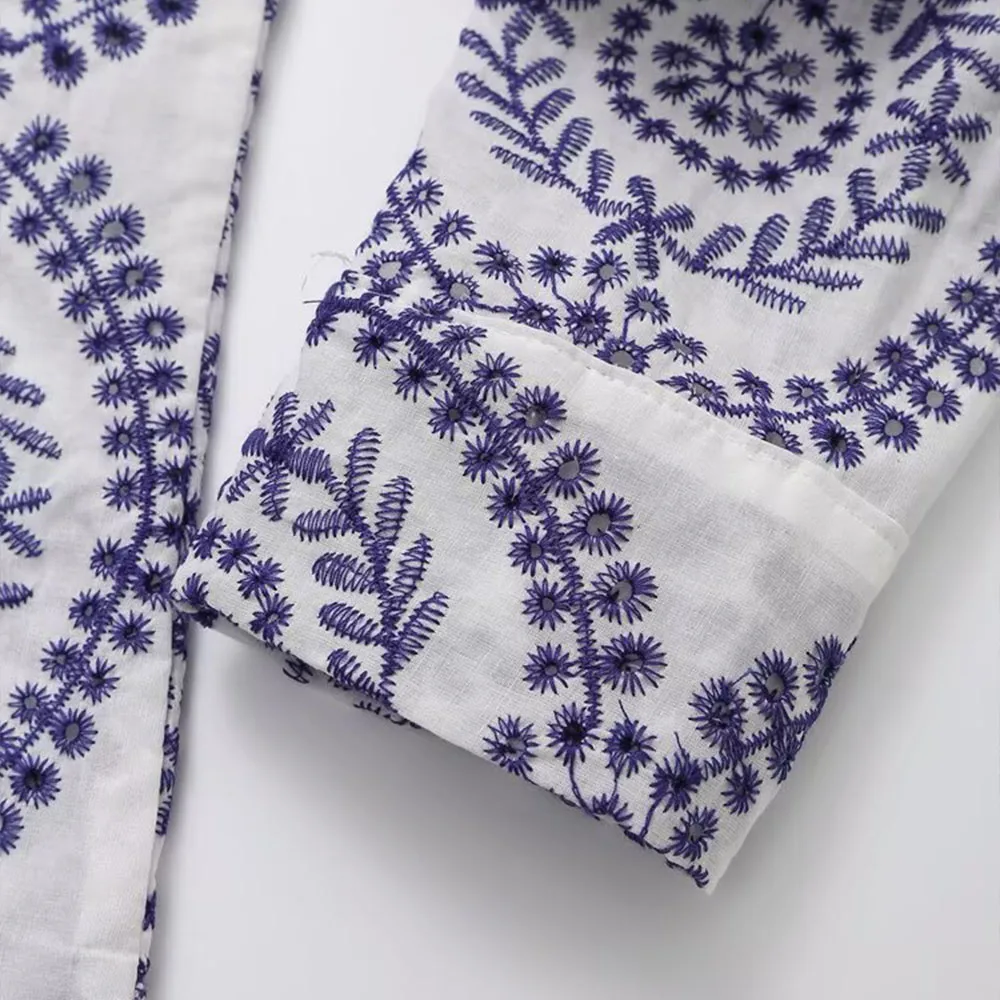 femmes ajouré fleurs chemise brodée revers ample à manches longues simple boutonnage blouse décontractée printemps été nouveau haut Chic