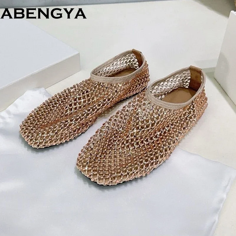 

Summer Shiny Rhinestone Flat Shoes Women's Mesh Breathable Loafers Daily Casual Hollow Out Square Toe Single Shoes Woman Sandals