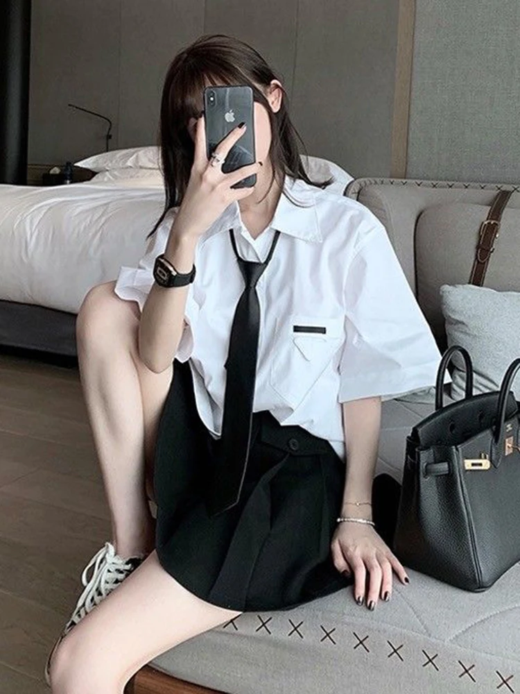 JMPRS White Preppy Style Women Shirts Fashion Tie JK Loose Student Short Sleeve Designed Button Up Tops Summer Casual Blouse