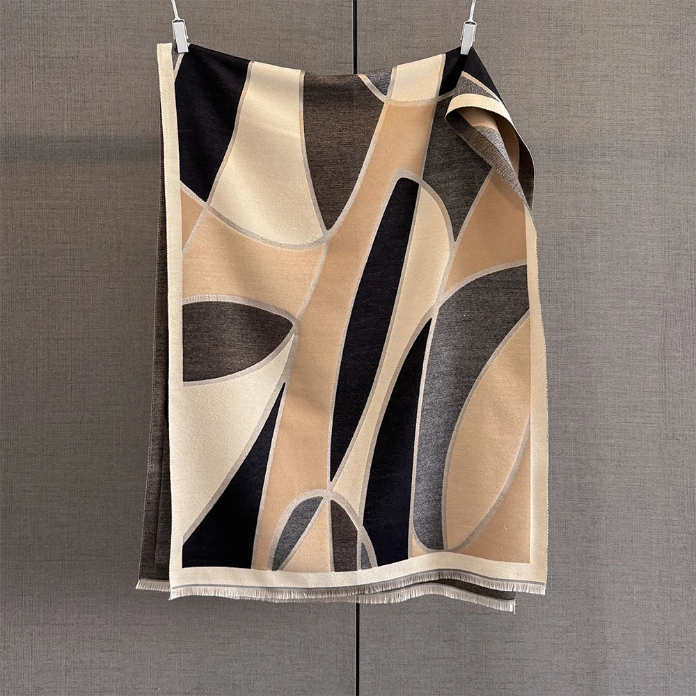 سميكة الفنية هندسية نمط فو الكشمير وشاح طويل شال شتاء دافئ منديل ربيع الخريف كيب المرأة هدية