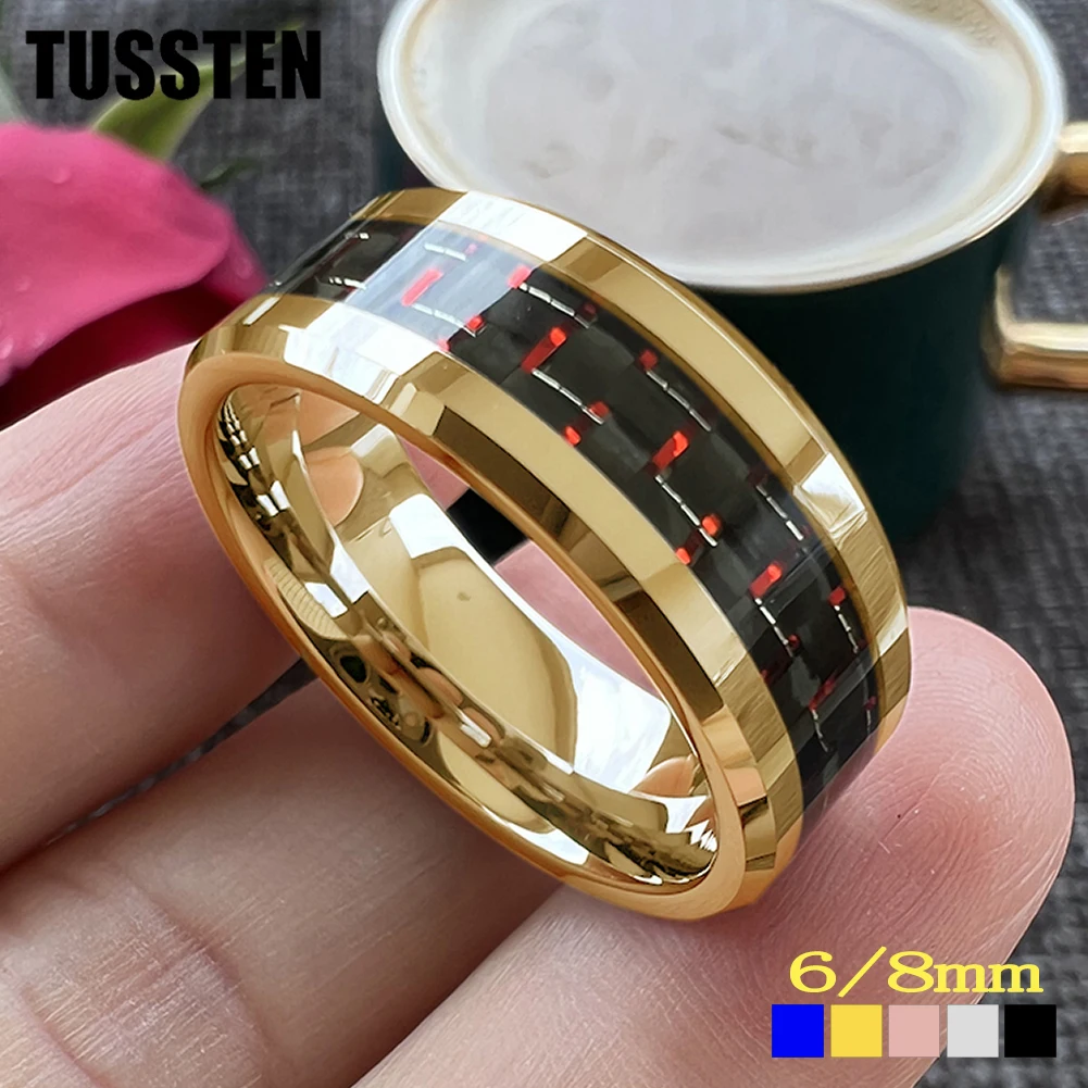 Dropshipping TUSSTEN 6/8MM Men Women Tungsten Wedding Band Black Red Carbon Fiber Inlay Shiny Bevel Edges Comfort Fit