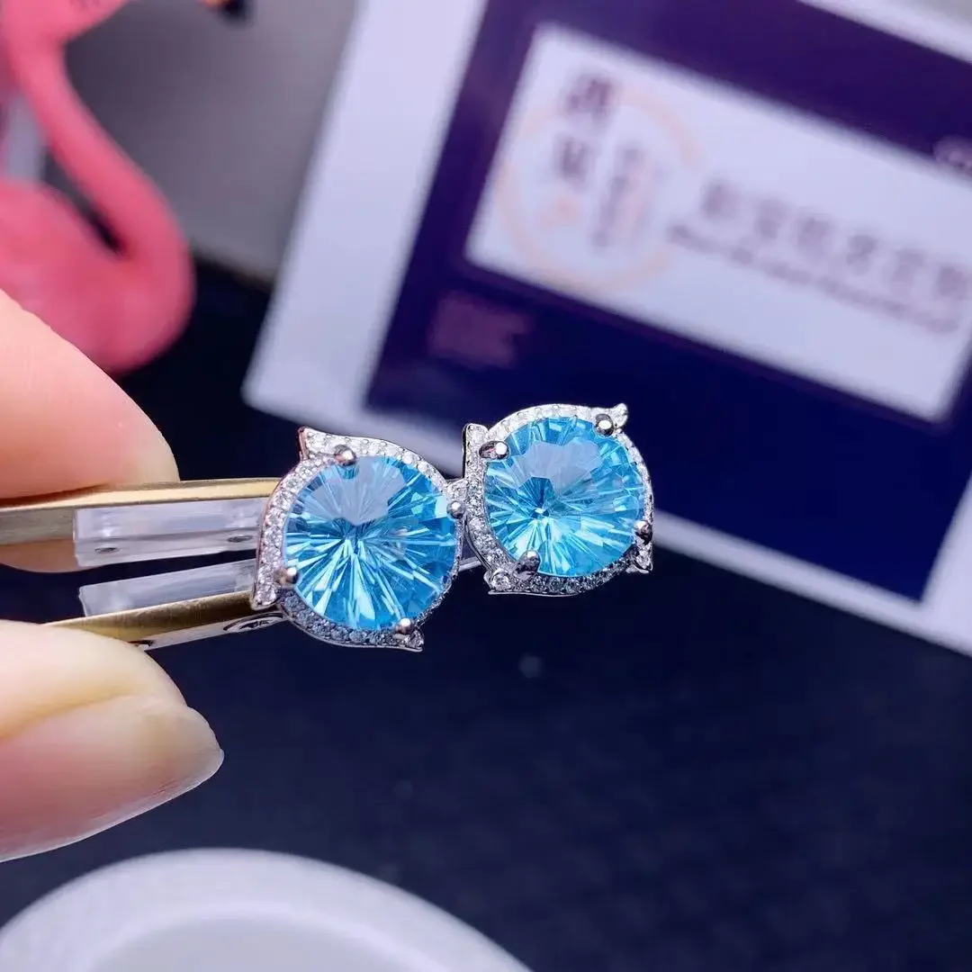 الفاخرة توباز وأقراط للحزب 3.5ct 10 مللي متر VVS الصف الطبيعي توباز أقراط الصلبة 925 الفضة الضوء الأزرق توباز مجوهرات #2