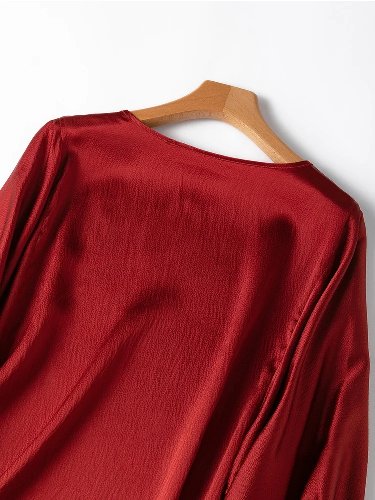 SuyaDream, Woman Blouses, 100%Real Silk, O Neck, Lantern Sleeves T Shirts, 2025 Summer Top, Wine