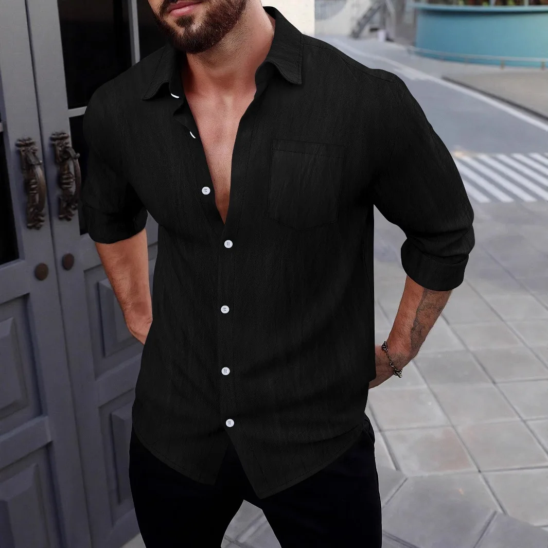 Men's retro street plain-colored linen breathable shirt with collar buttons, casual pocket, fashionable long-sleeved cardigan