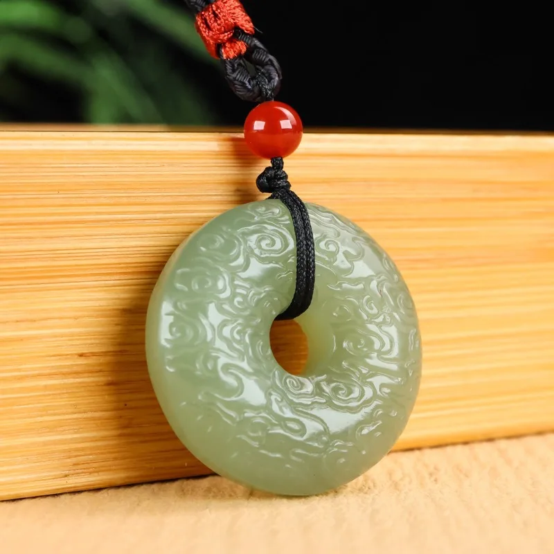 Hetian Peace Pendant, Light Green Antique-Style Cloud Pattern Jade Amulet, Unisex Necklace