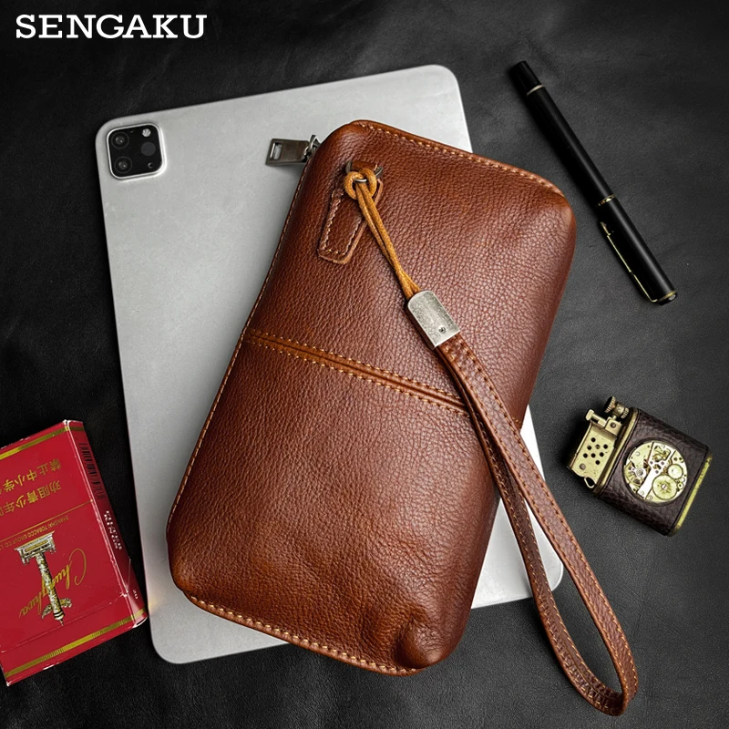 Men\'s Leather Handbag Day Clutches Bag Genuine Leather Clutch Bags High Quality Long Wallet Passport Card Slot Pocket Zipper