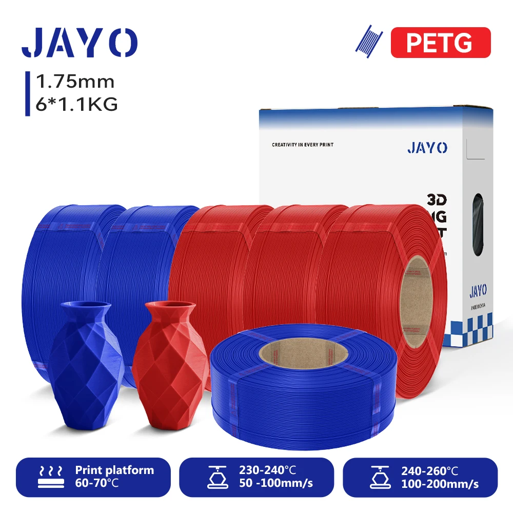 JAYO Nachfüll-PETG/PLA+-Filament, 1,75 mm Nachfüll-Filament für 3D-Drucker, geeignet für Bambu Lab Filament und JAYO wiederverwendbare Spulen, 6 Rollen