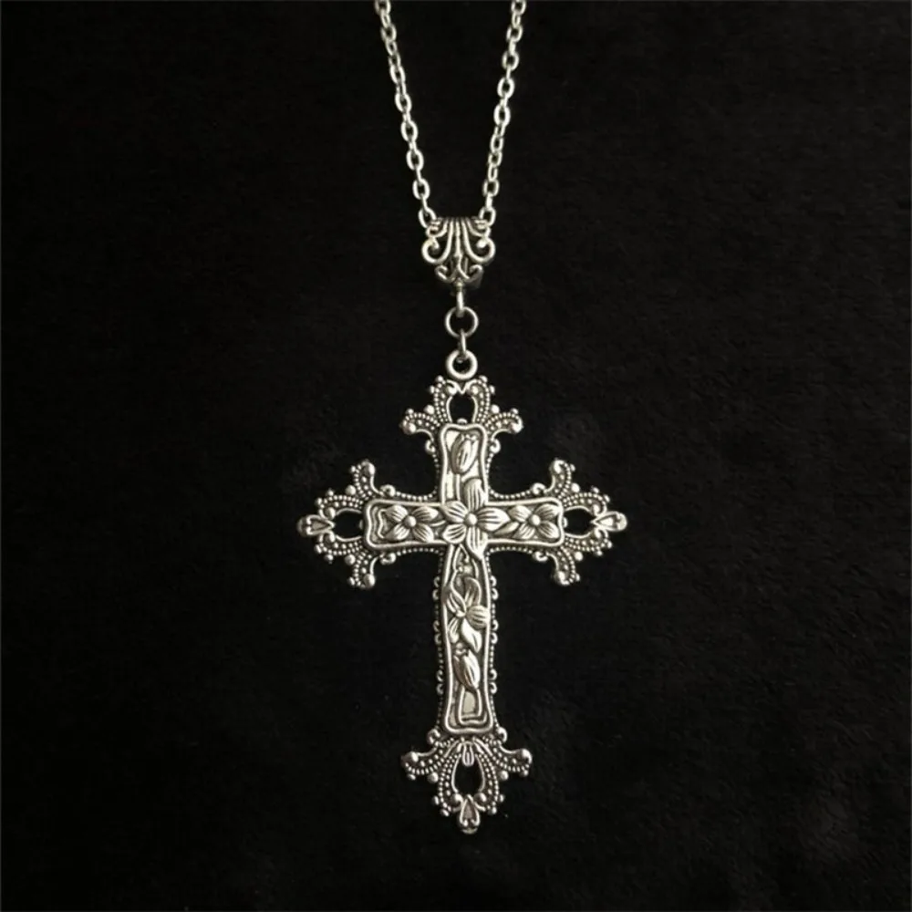 Gothic Victoria Silver Color Lacework Relief Flowers Large Cross Pendant Necklace for Men Women Halloween Punk Jewelry Accessory