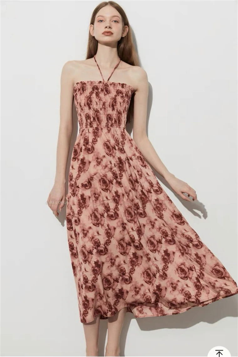 Bloemenprint Verstoorde Halter Lange Jurk 2023 Zomer Nieuwe Slanke Mouwloze Patry Strand Stijl Spaghetti Jurk Vrouwen Vestidos
