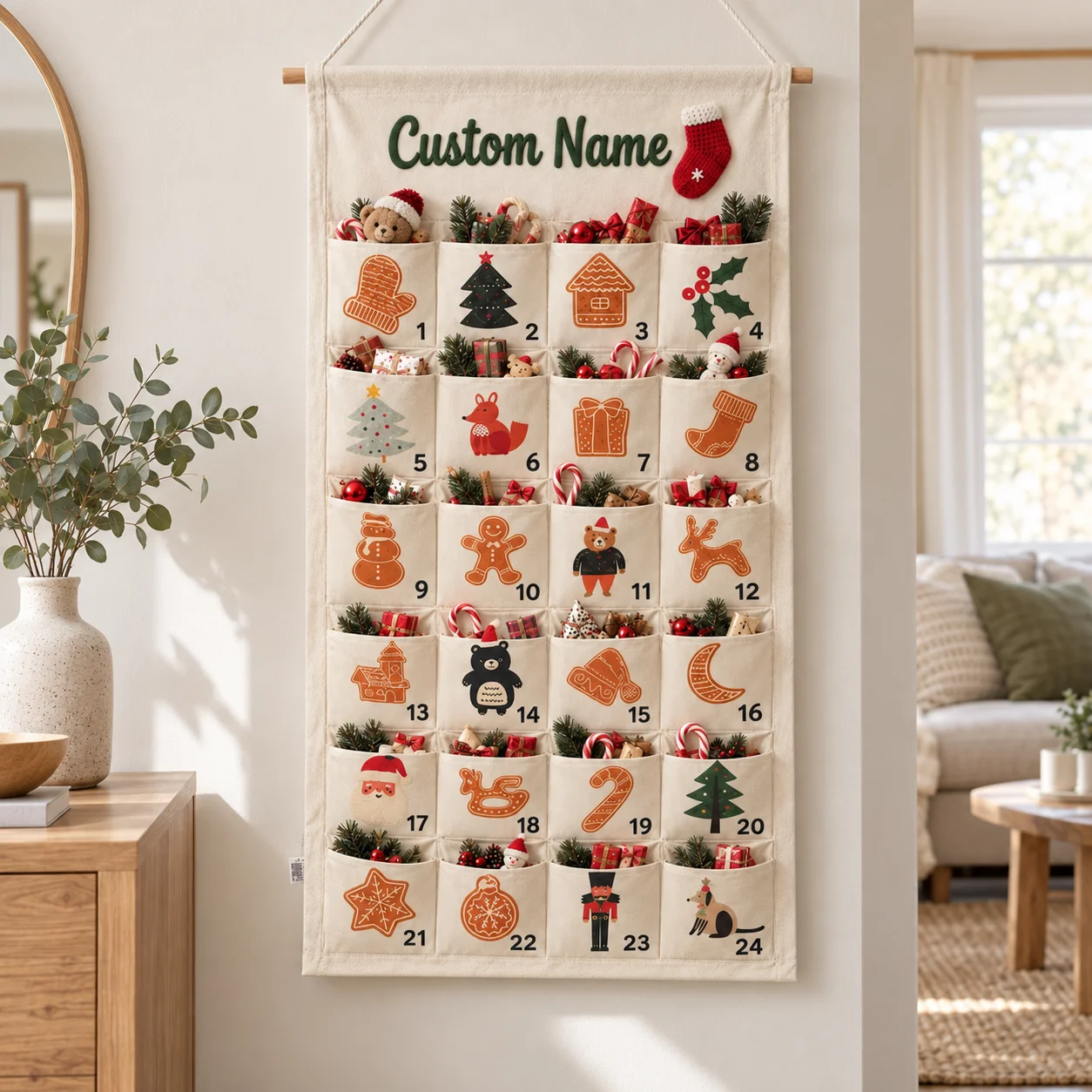 Personalized Advent Calendar Christmas Custom Name 24 Pocket Canvas Hanging Countdown For Kids Family Home Decor Christmas Gift
