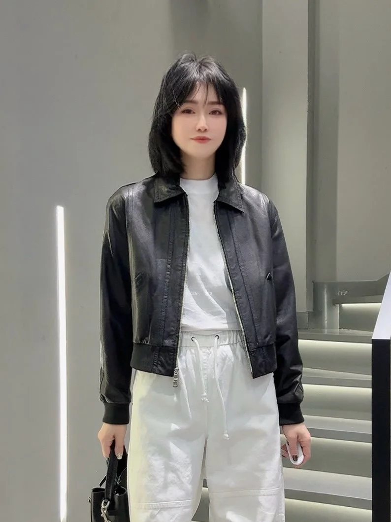 

Spring 2026 Vintage Hong Kong Sle Loose Fit Biker Leather Jaet Women's Stand Collar ort Zipper eepskin Coat