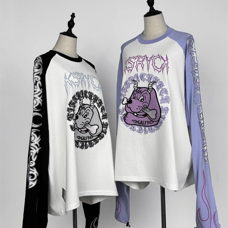 Japanese Harajuku Streetwear Co-branded Subculture Tattoo Embroidery Flame Long Sleeve Oversized Sleeve T-Shirt