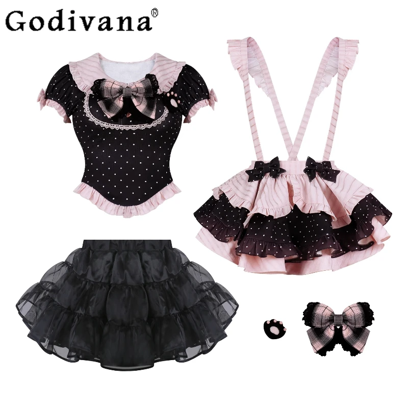 الصيف البولكا نقطة الأعلى مع القوس باو البولكا نقطة فستان بحزام ثوب نسائي الفتيات فستان بحزام مجموعة المرأة لوليتا نمط ملابس حلوة