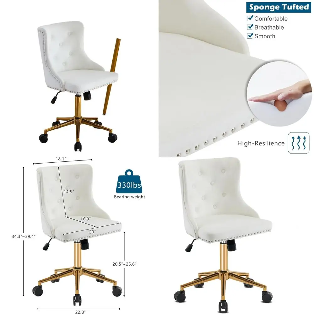 

Бархатное офисное кресло без подлокотников на золотистой основе и мягкое вращающееся кресло для туалетного столика для дома, офиса и спальни